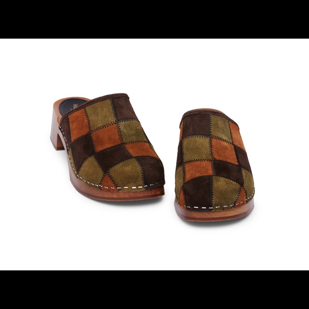 NEW Swedish Hasbeens Suede Patchwork Clogs Brown Green Size: 40 / US 10